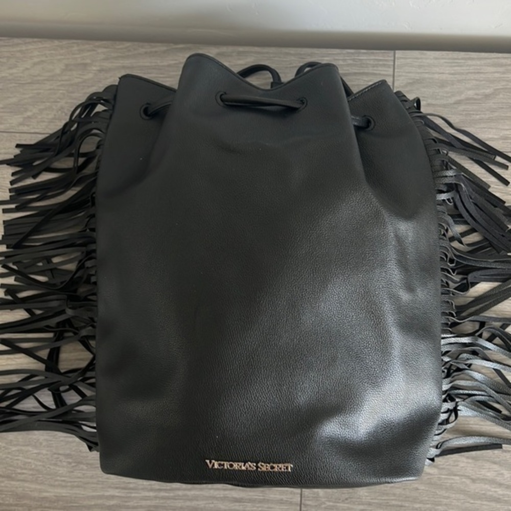 Victoria Secret‎ Black Pleather Fringe Backpack NWOT - Picture 4 of 4